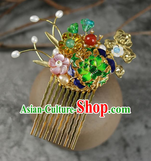 Handmade Chinese Traditional Blueing Lotus Hair Combs Traditional Classical Hanfu Hair Accessories for Women