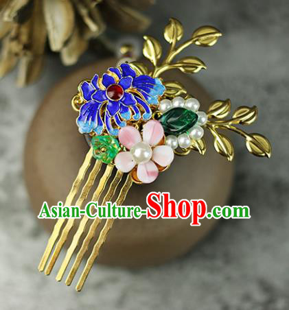 Handmade Chinese Traditional Blueing Chrysanthemum Hair Combs Traditional Classical Hanfu Hair Accessories for Women