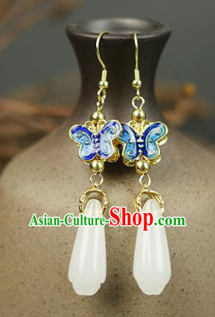 Chinese Handmade Blueing Butterfly Jade Earrings Traditional Classical Hanfu Ear Jewelry Accessories for Women