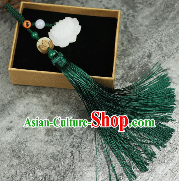 Handmade Chinese Traditional Green Tassel Lotus Jade Pendant Traditional Classical Hanfu Jewelry Accessories for Women