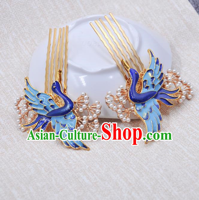 Handmade Chinese Traditional Blueing Crane Hair Combs Ancient Classical Hanfu Hair Accessories for Women