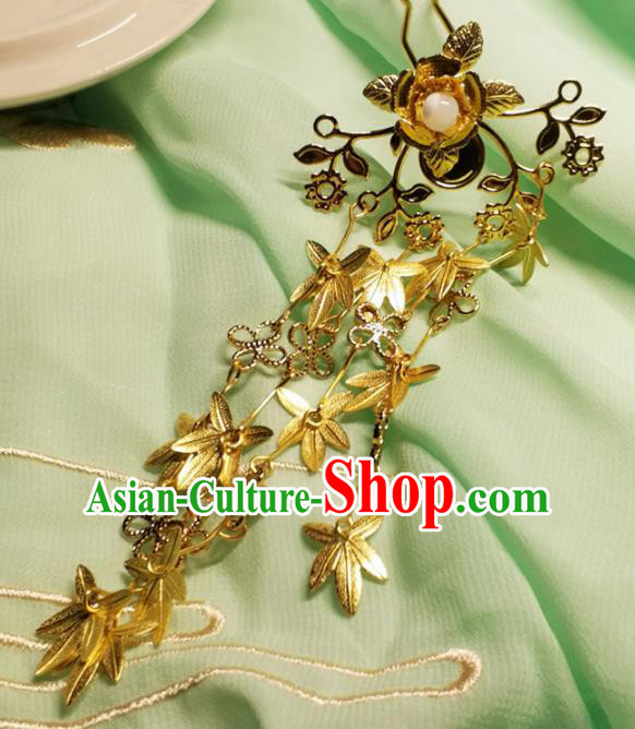 Handmade Chinese Traditional Golden Leaf Tassel Hairpins Ancient Classical Hanfu Hair Accessories for Women