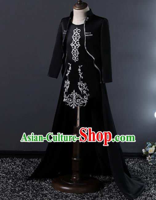 Children Modern Dance Costume Stage Performance Compere Black Full Dress for Girls Kids