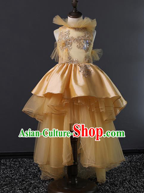 Children Modern Dance Costume Stage Performance Princess Compere Golden Full Dress for Girls Kids