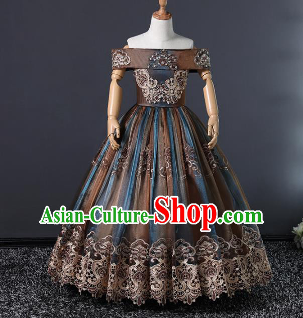 Children Stage Performance Costume Ballroom Dance Compere Brown Full Dress for Girls Kids