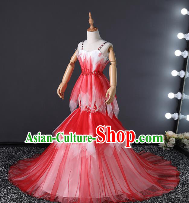 Children Stage Performance Catwalks Costume Ballroom Dance Compere Red Veil Full Dress for Girls Kids