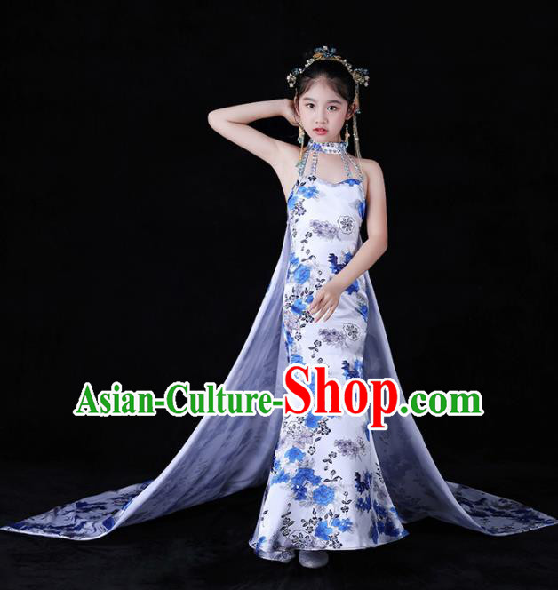 Children Stage Performance Catwalks Costume Chinese Dance Compere Full Dress for Girls Kids