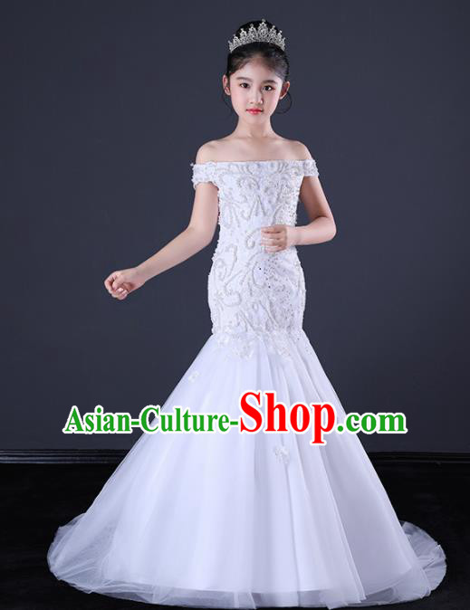 Children Stage Performance Catwalks Costume Ballroom Dance Compere White Full Dress for Girls Kids