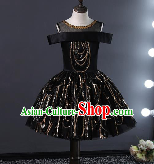 Children Stage Performance Catwalks Costume Ballroom Dance Compere Black Bubble Dress for Girls Kids