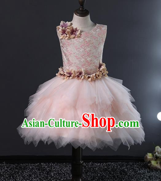 Children Stage Performance Catwalks Costume Ballroom Dance Compere Pink Veil Bubble Dress for Girls Kids