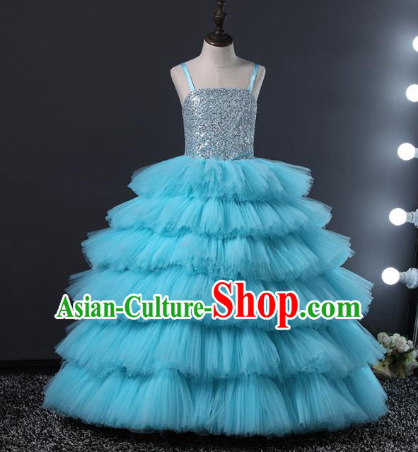 Children Stage Performance Catwalks Costume Ballroom Dance Compere Blue Veil Full Dress for Girls Kids