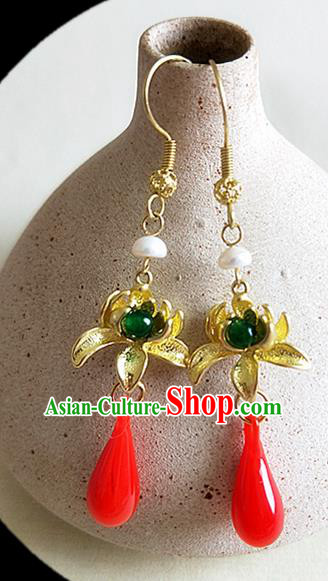 Chinese Ancient Handmade Lotus Earrings Traditional Classical Hanfu Ear Jewelry Accessories for Women