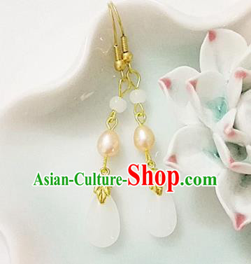 Chinese Ancient Handmade White Agate Pearl Earrings Traditional Classical Hanfu Ear Jewelry Accessories for Women