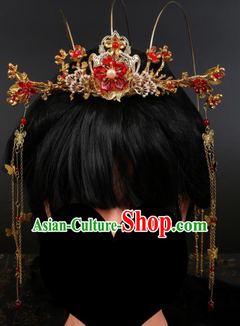 Chinese Ancient Traditional Hanfu Red Flowers Phoenix Coronet Hairpins Handmade Classical Hair Accessories for Women