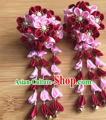 Asian Japanese Traditional Kimono Red Flowers Hair Stick Japan Handmade Classical Hair Accessories for Women
