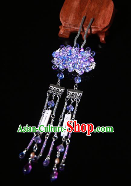 Chinese Ancient Traditional Hanfu Purple Crystal Tassel Hairpins Handmade Classical Hair Accessories for Women
