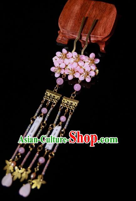 Chinese Ancient Traditional Hanfu Pink Crystal Tassel Hairpins Handmade Classical Hair Accessories for Women