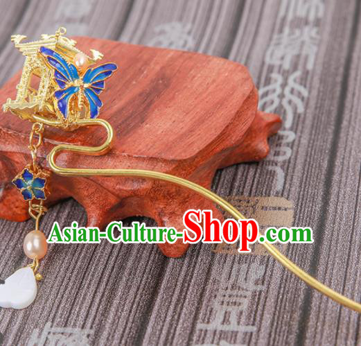 Chinese Ancient Traditional Hanfu Blueing Butterfly Tassel Hairpins Handmade Classical Hair Accessories for Women