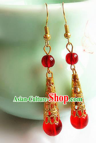 Chinese Ancient Handmade Red Beads Earrings Traditional Classical Hanfu Ear Jewelry Accessories for Women