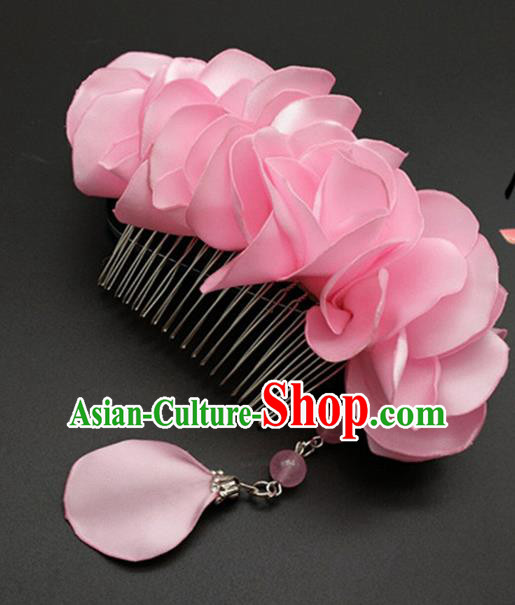 Asian Japanese Traditional Geisha Pink Flowers Hair Comb Japan Kimono Handmade Classical Hair Accessories for Women