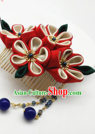 Asian Japanese Traditional Geisha Red Flowers Hair Comb Japan Kimono Handmade Classical Hair Accessories for Women