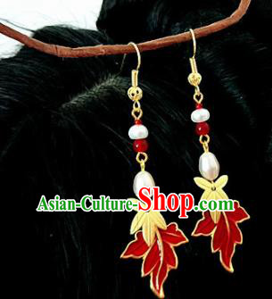 Chinese Ancient Handmade Maple Leaf Earrings Traditional Classical Hanfu Ear Jewelry Accessories for Women