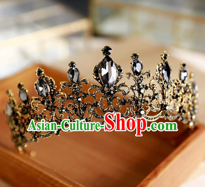 Handmade Top Grade Bride Hair Accessories Baroque Black Crystal Round Royal Crown for Women