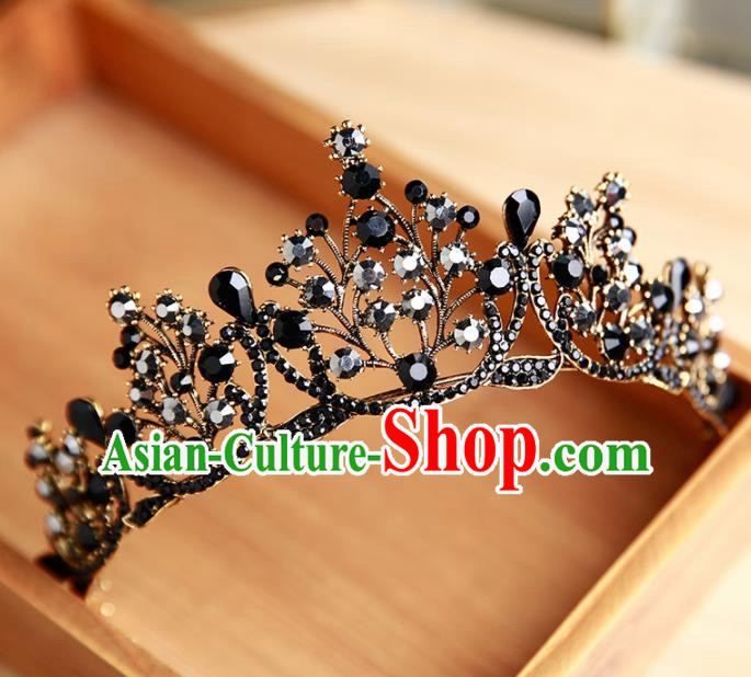 Handmade Top Grade Bride Hair Accessories Baroque Black Crystal Royal Crown for Women