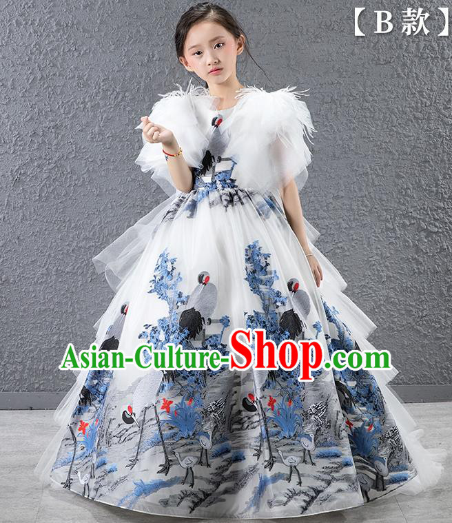 Children Modern Dance Costume Chinese Compere Catwalks Printing Cranes Full Dress for Kids