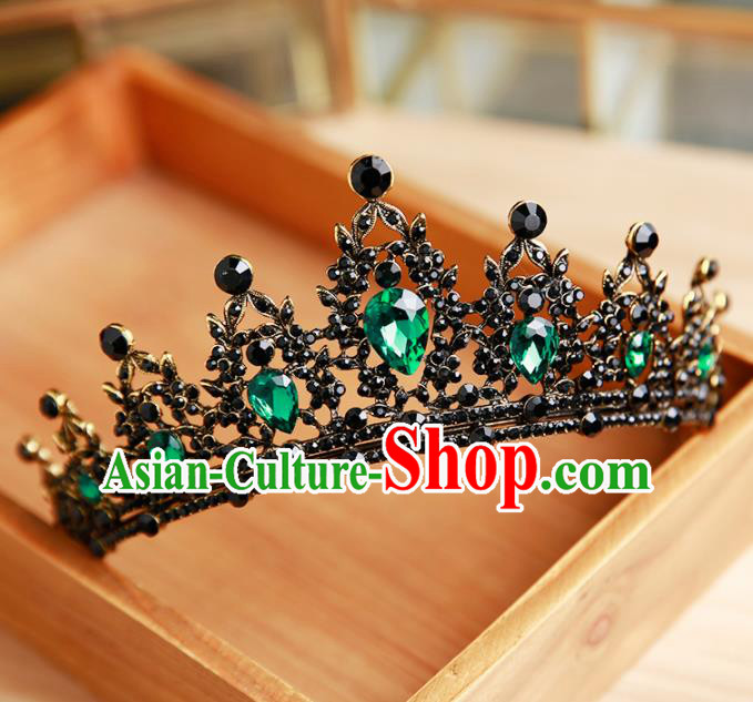 Handmade Top Grade Bride Hair Accessories Baroque Queen Green Crystal Black Royal Crown for Women