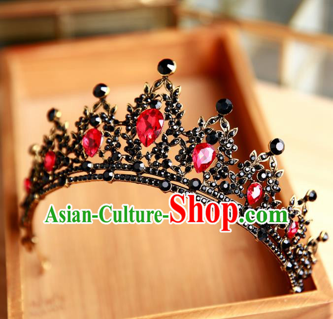 Handmade Top Grade Bride Hair Accessories Baroque Queen Red Crystal Black Royal Crown for Women