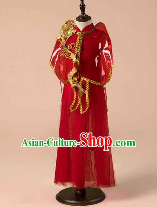 Children Catwalks Costume Girls Compere Modern Dance Red Veil Qipao Dress for Kids