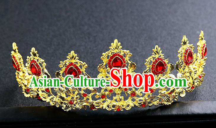 Top Grade Handmade Red Crystal Golden Royal Crown Hair Accessories Baroque Princess Hair Clasp for Women