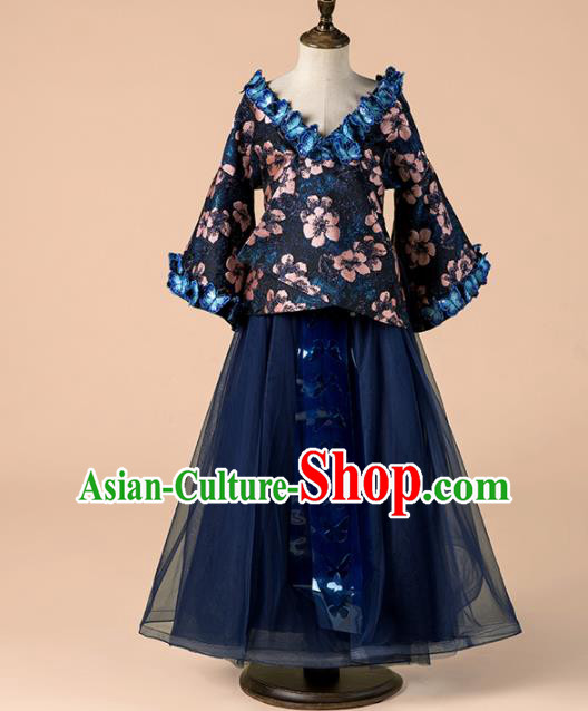 Children Catwalks Costume Girls Compere Modern Dance Navy Veil Full Dress for Kids