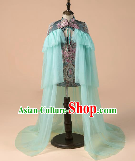 Children Catwalks Costume Chinese Girls Compere Modern Dance Green Veil Full Dress for Kids