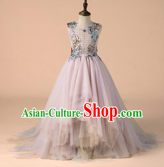 Children Catwalks Costume Girls Princess Compere Modern Dance Pink Veil Full Dress for Kids