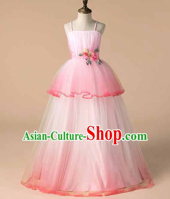 Children Catwalks Costume Girls Catwalks Compere Modern Dance Pink Veil Full Dress for Kids