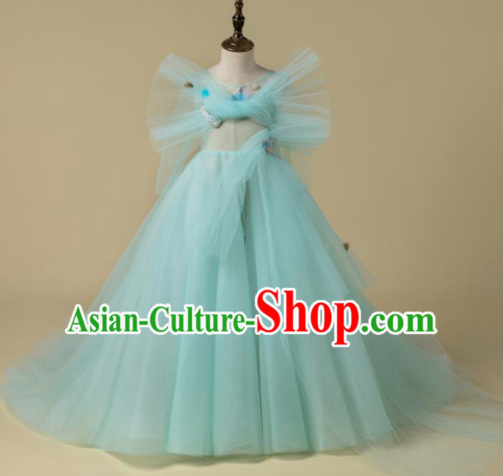 Children Catwalks Costume Girls Compere Modern Dance Green Veil Full Dress for Kids