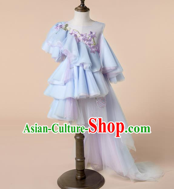 Children Princess Catwalks Costume Girls Compere Modern Dance Blue Veil Bubble Full Dress for Kids