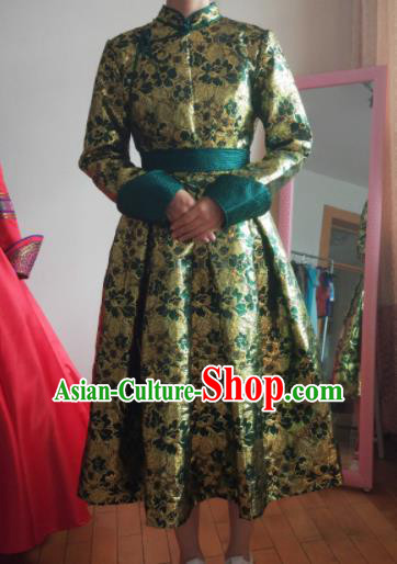 Traditional Chinese Mongol Nationality Costumes Mongols Female Folk Dance Ethnic Green Dress for Women