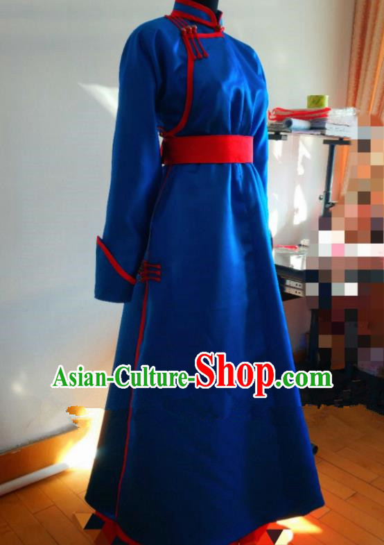 Traditional Chinese Mongol Nationality Costumes Mongols Female Folk Dance Ethnic Royalblue Dress for Women