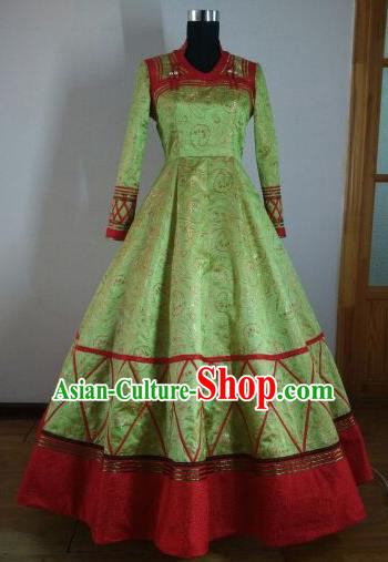 Traditional Chinese Mongol Nationality Wedding Costumes Mongols Female Folk Dance Ethnic Green Dress for Women