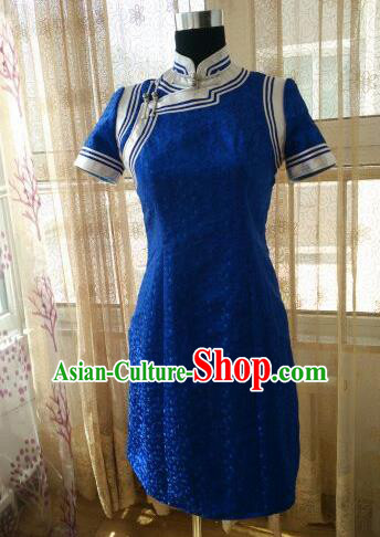 Traditional Chinese Mongol Nationality Costumes Female Folk Dance Ethnic Royalblue Dress for Women