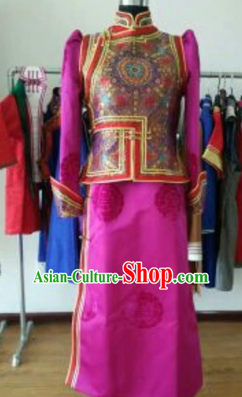 Traditional Chinese Mongol Nationality Costumes Female Folk Dance Ethnic Rosy Dress for Women