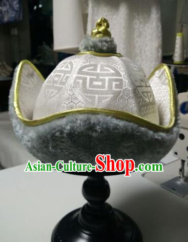 Traditional Chinese Mongol Nationality Folk Dance Hats Mongols Ethnic White Hat for Men