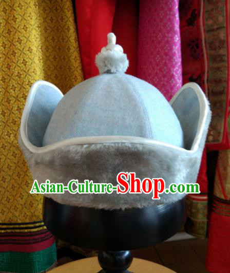 Traditional Chinese Mongol Nationality Folk Dance Hats Mongols Ethnic Blue Hat for Men