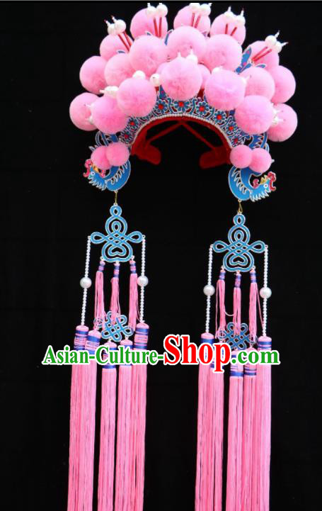 Traditional Chinese Beijing Opera Princess Hats Peking Opera Diva Pink Tassel Phoenix Coronet for Women