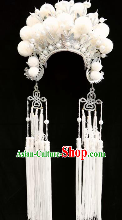 Traditional Chinese Beijing Opera Princess Hats Peking Opera Diva White Phoenix Coronet for Women