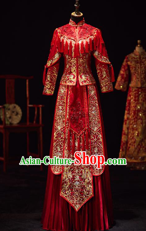 Chinese Traditional Wedding Costumes Ancient Bride Embroidered Xiuhe Suits Red Full Dress for Women