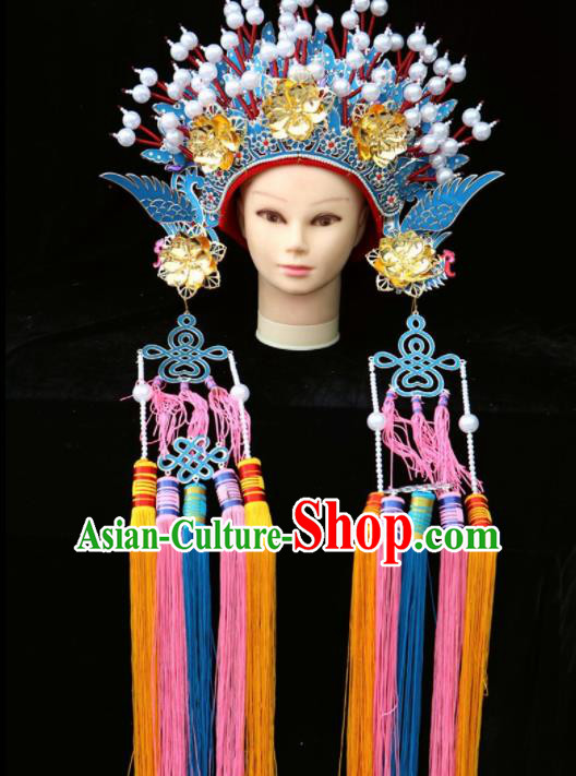 Traditional Chinese Peking Opera Diva Blue Phoenix Coronet Beijing Opera Princess Hats for Women